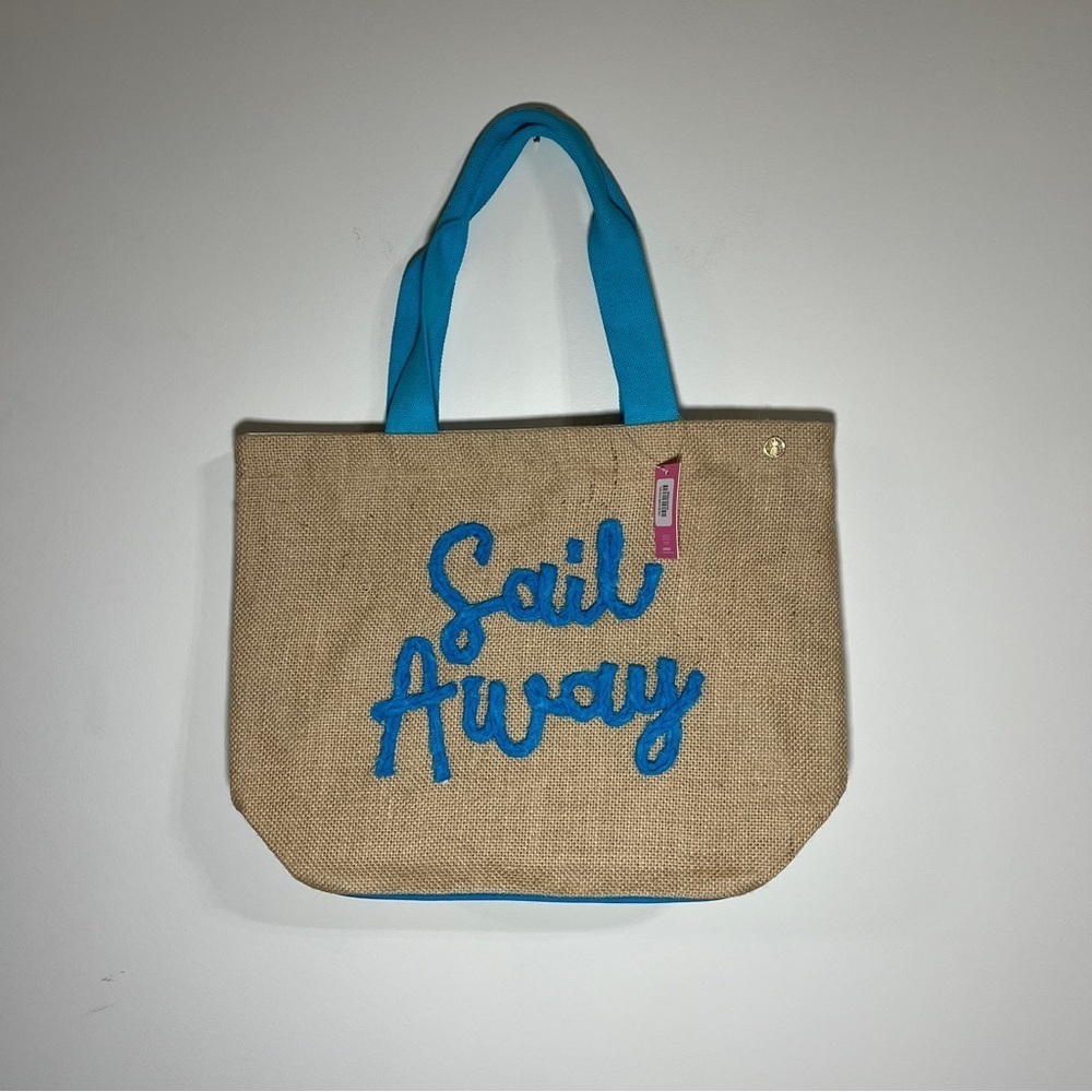 Simply Southern Jute Beach Pool Tote Bag Blue Sail Away Applique NWT